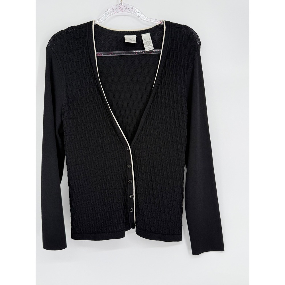 Emma James Womens‎ Black Textured Pointelle Knit V-Neck Cardigan Trim Sz L
